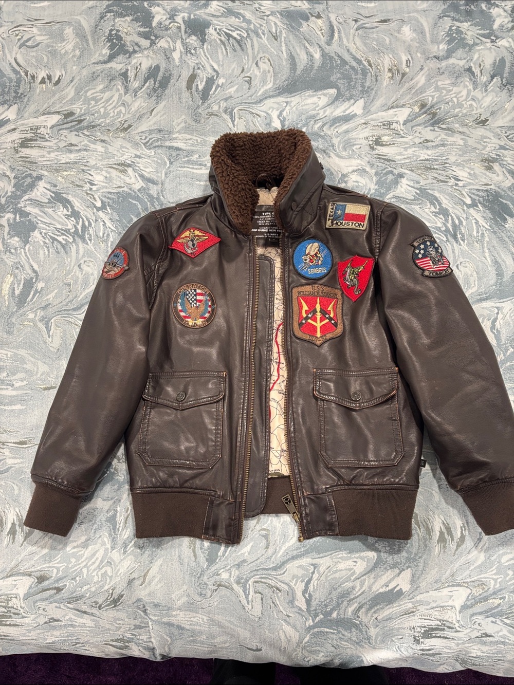 Top Gun New York NYC Type G-1 Brown Leather Jacket with Map-Print Lining